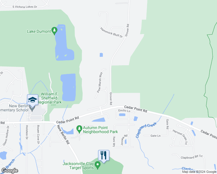 map of restaurants, bars, coffee shops, grocery stores, and more near 12613 Wooded Bluff Court in Jacksonville