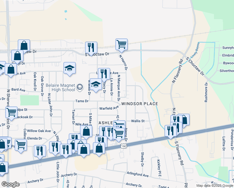 map of restaurants, bars, coffee shops, grocery stores, and more near 1537 North Marque Ann Drive in Baton Rouge