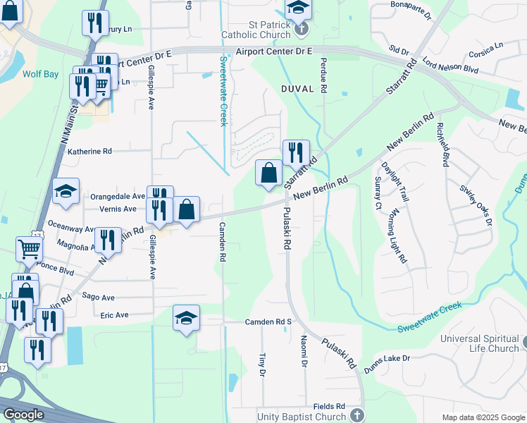 map of restaurants, bars, coffee shops, grocery stores, and more near 904 New Berlin Road in Jacksonville