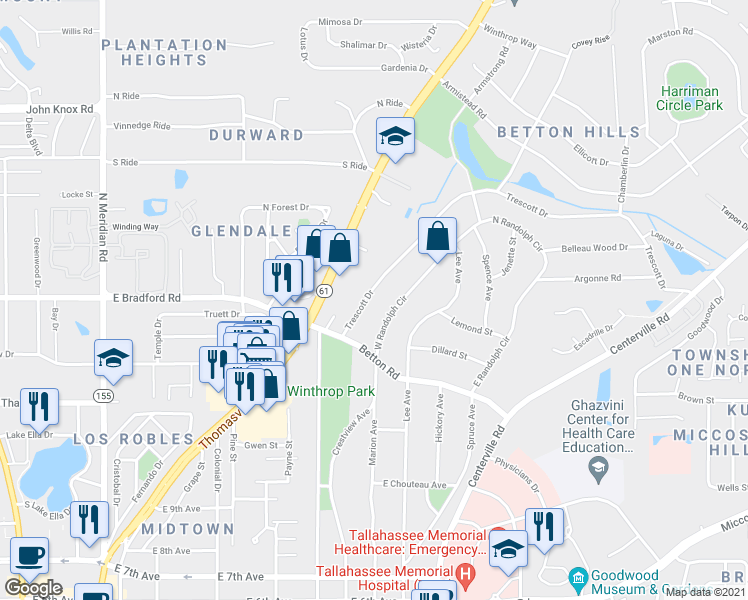 map of restaurants, bars, coffee shops, grocery stores, and more near 2009 Trescott Drive in Tallahassee