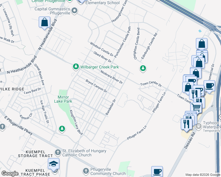 map of restaurants, bars, coffee shops, grocery stores, and more near 18510 Mammoth Cave Boulevard in Pflugerville