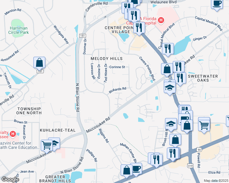 map of restaurants, bars, coffee shops, grocery stores, and more near 2012 Rickards Road in Tallahassee