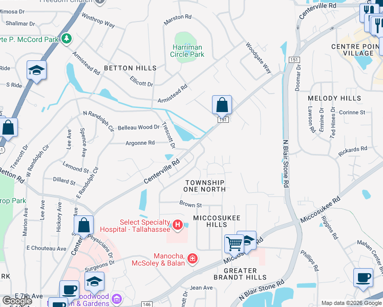 map of restaurants, bars, coffee shops, grocery stores, and more near 2316 Trescott Drive in Tallahassee