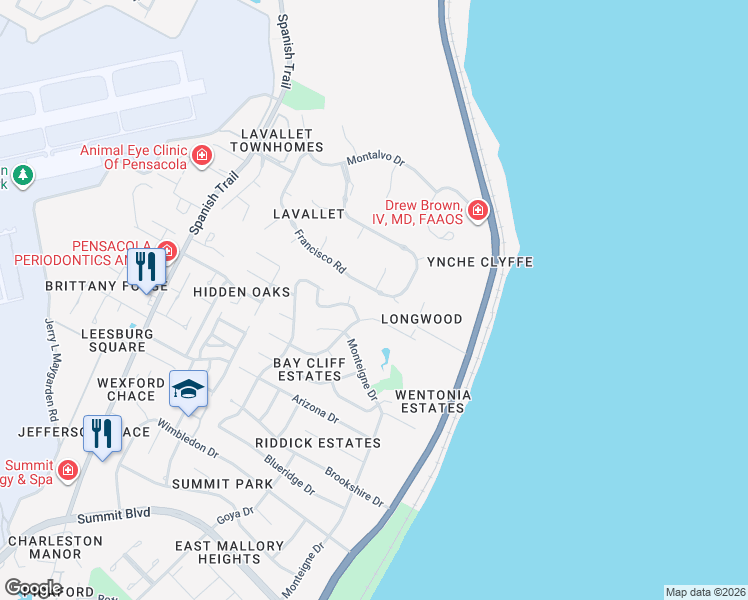 map of restaurants, bars, coffee shops, grocery stores, and more near 4660 Francisco Road in Pensacola