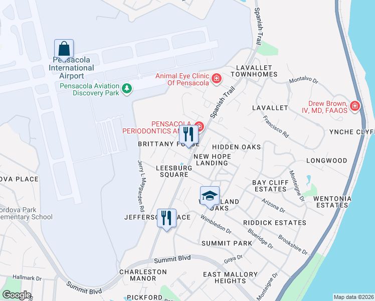 map of restaurants, bars, coffee shops, grocery stores, and more near 4301 Spanish Trail Road in Pensacola