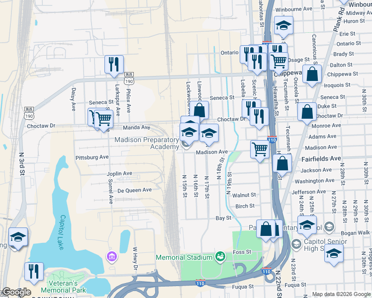 map of restaurants, bars, coffee shops, grocery stores, and more near 1555 Madison Avenue in Baton Rouge