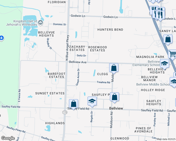 map of restaurants, bars, coffee shops, grocery stores, and more near 5210 Prissy Street in Pensacola