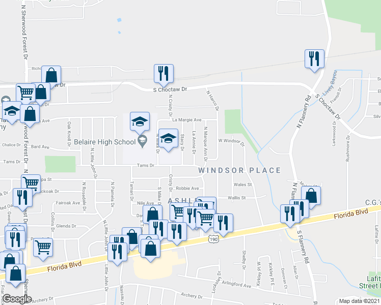 map of restaurants, bars, coffee shops, grocery stores, and more near 1603 La Annie Drive in Baton Rouge
