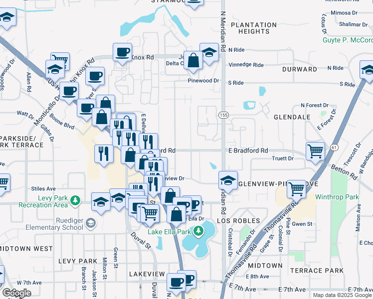 map of restaurants, bars, coffee shops, grocery stores, and more near 2002 Greenwood Drive in Tallahassee