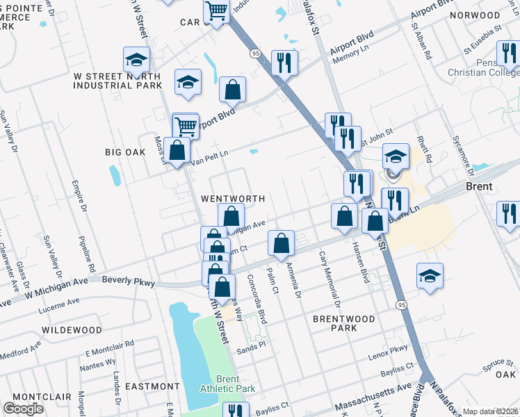 map of restaurants, bars, coffee shops, grocery stores, and more near 1017 Armenia Drive in Pensacola