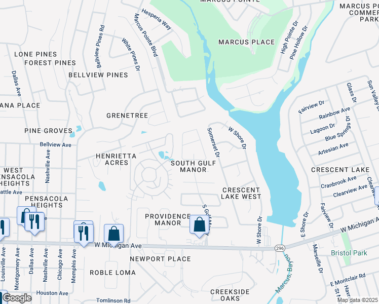 map of restaurants, bars, coffee shops, grocery stores, and more near 2681 Tinosa Lane in Pensacola