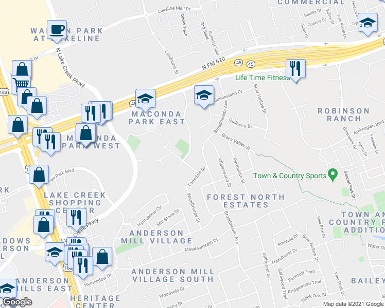 map of restaurants, bars, coffee shops, grocery stores, and more near 9020 Parliament House Road in Austin