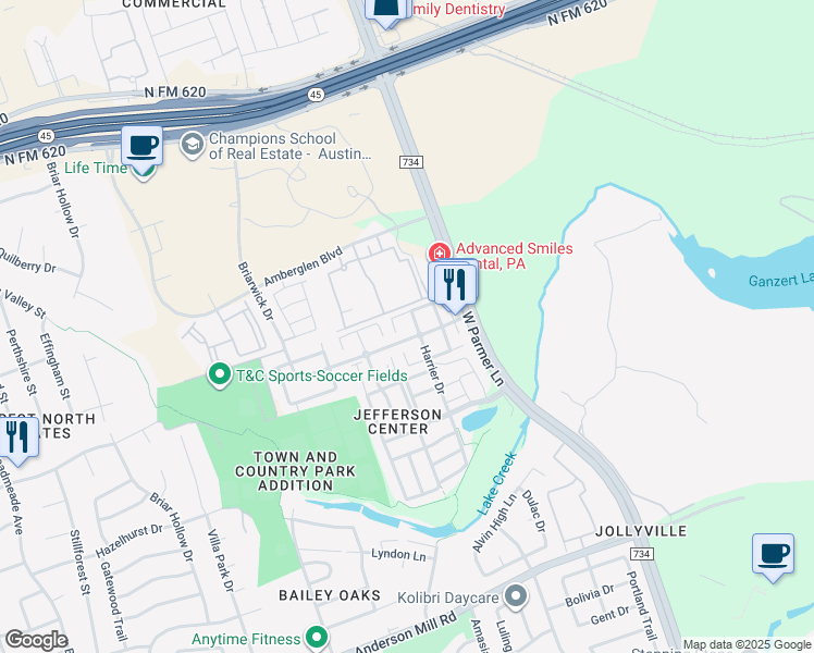 map of restaurants, bars, coffee shops, grocery stores, and more near 8701 West Parmer Lane in Austin