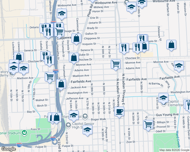 map of restaurants, bars, coffee shops, grocery stores, and more near 2915 Madison Avenue in Baton Rouge