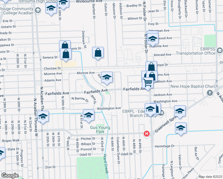 map of restaurants, bars, coffee shops, grocery stores, and more near 4451 Fairfields Avenue in Baton Rouge