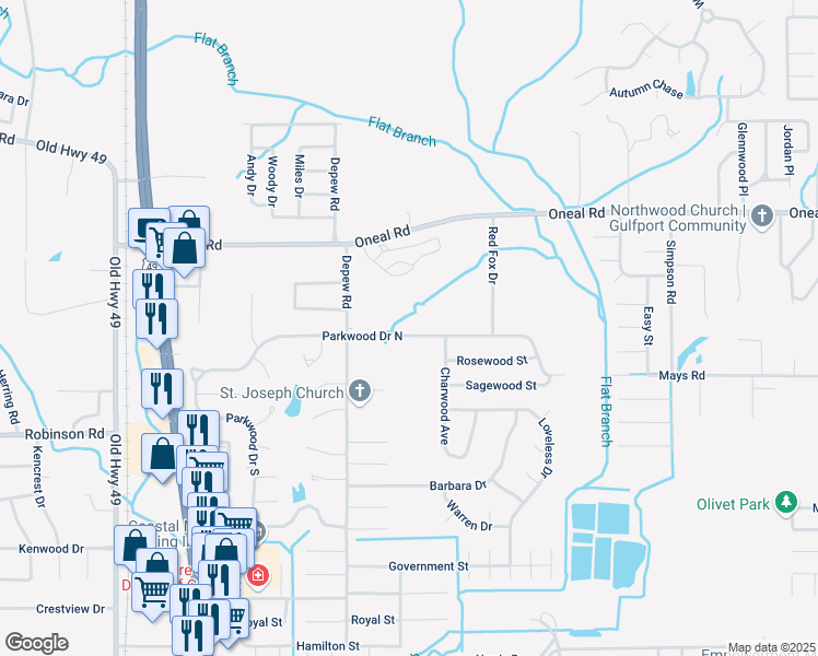 map of restaurants, bars, coffee shops, grocery stores, and more near 15190 Parkwood Drive North in Gulfport