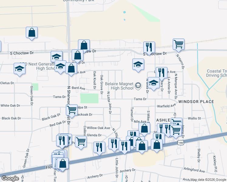 map of restaurants, bars, coffee shops, grocery stores, and more near 2043 Shady Oaks Drive in Baton Rouge