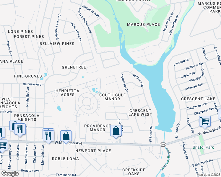 map of restaurants, bars, coffee shops, grocery stores, and more near 2681 Tinosa Lane in Pensacola