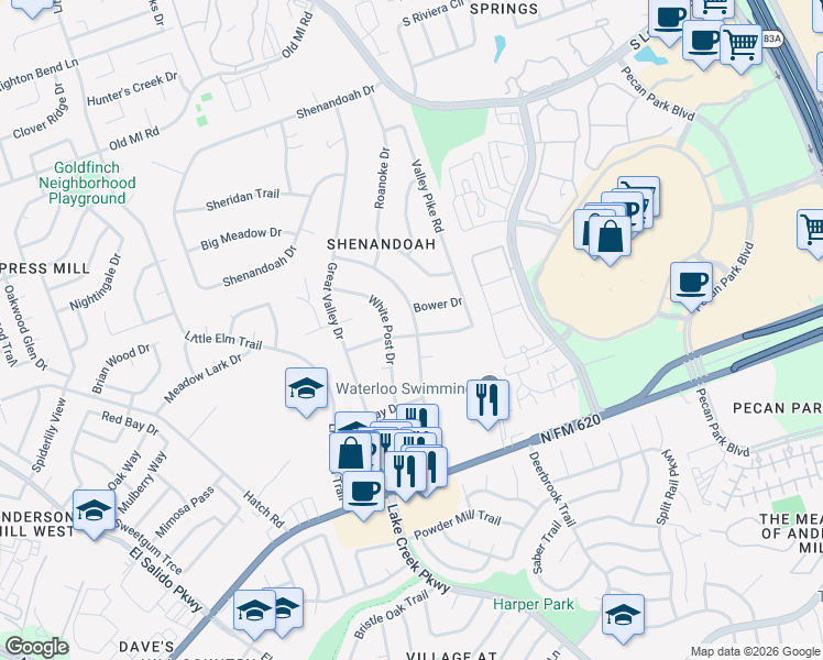 map of restaurants, bars, coffee shops, grocery stores, and more near 1700 Bower Drive in Cedar Park