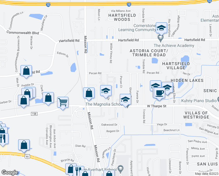map of restaurants, bars, coffee shops, grocery stores, and more near 2738 West Tharpe Street in Tallahassee