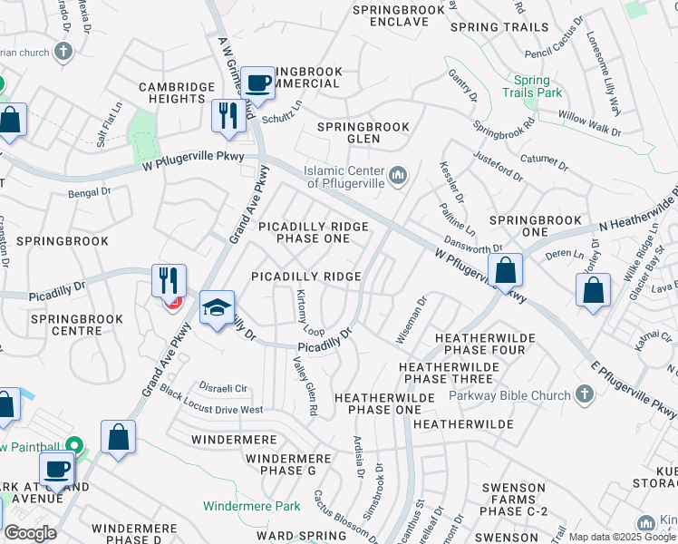 map of restaurants, bars, coffee shops, grocery stores, and more near 17423 Rannoch Drive in Pflugerville