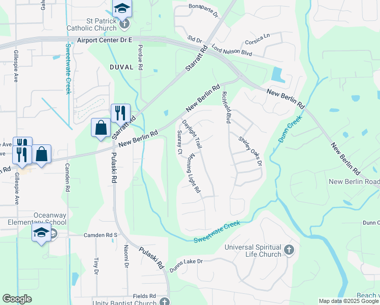 map of restaurants, bars, coffee shops, grocery stores, and more near 1171 Morning Light Road in Jacksonville