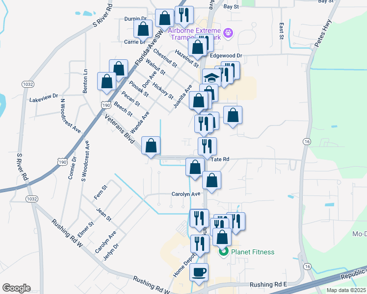 map of restaurants, bars, coffee shops, grocery stores, and more near 139 Veterans Boulevard in Denham Springs