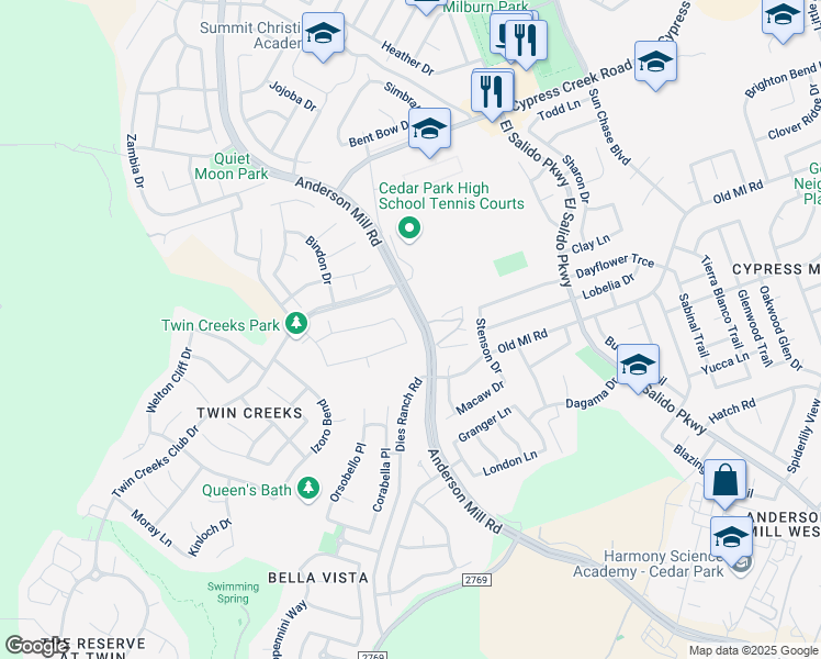 map of restaurants, bars, coffee shops, grocery stores, and more near 2305 Dartford Bend in Cedar Park