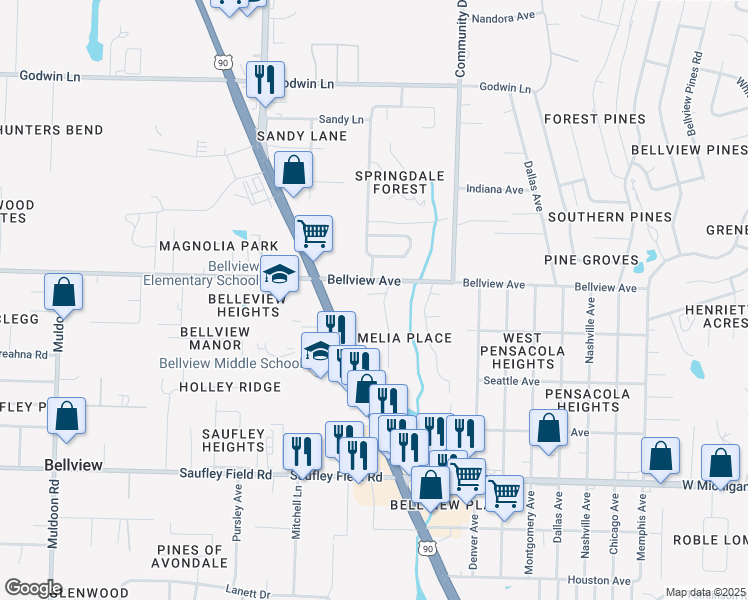 map of restaurants, bars, coffee shops, grocery stores, and more near 6392 Mers Lane in Pensacola