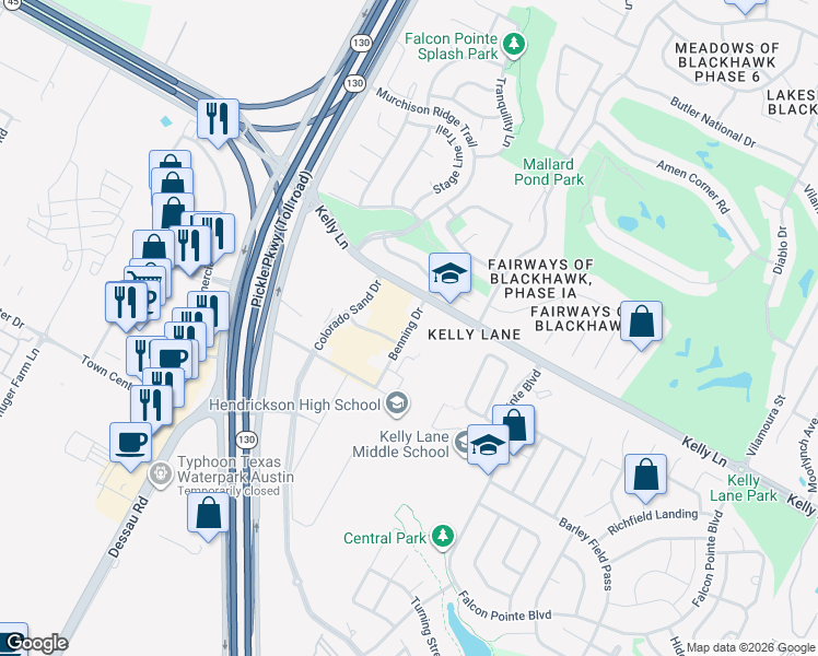 map of restaurants, bars, coffee shops, grocery stores, and more near Benning Drive in Pflugerville