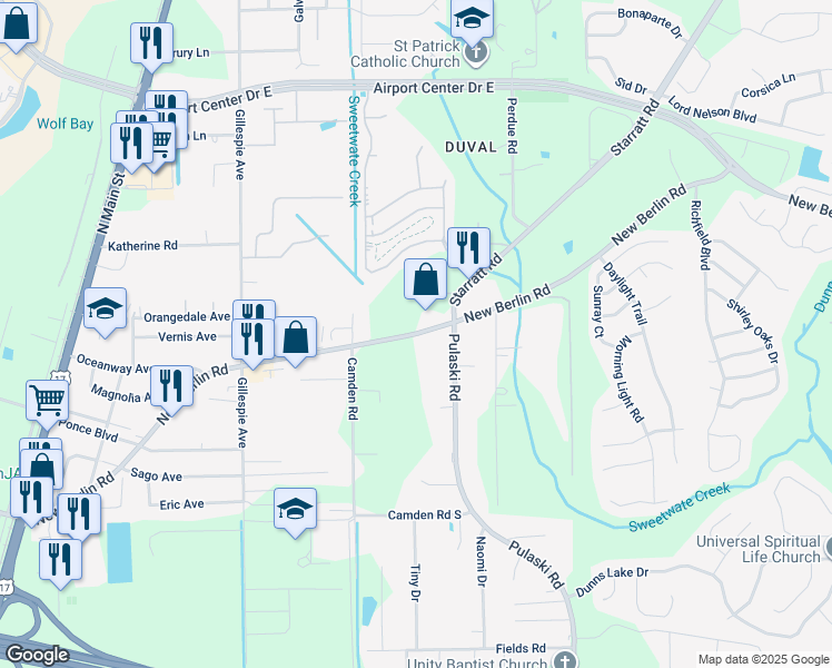 map of restaurants, bars, coffee shops, grocery stores, and more near 904 New Berlin Road in Jacksonville