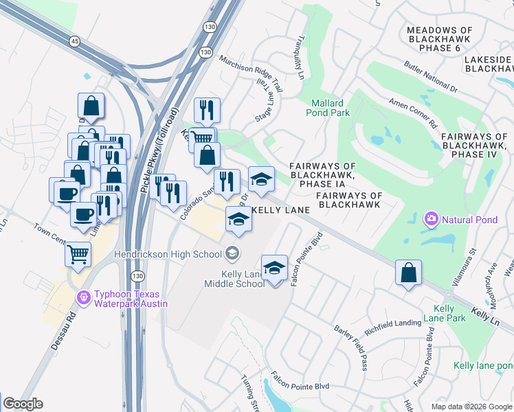map of restaurants, bars, coffee shops, grocery stores, and more near 2215 Benning Drive in Pflugerville