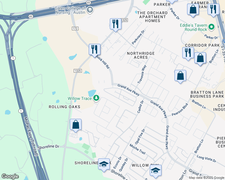 map of restaurants, bars, coffee shops, grocery stores, and more near 3401 Grand Avenue Parkway in Austin