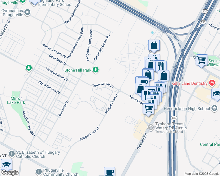 map of restaurants, bars, coffee shops, grocery stores, and more near 1316 Town Center Drive in Pflugerville