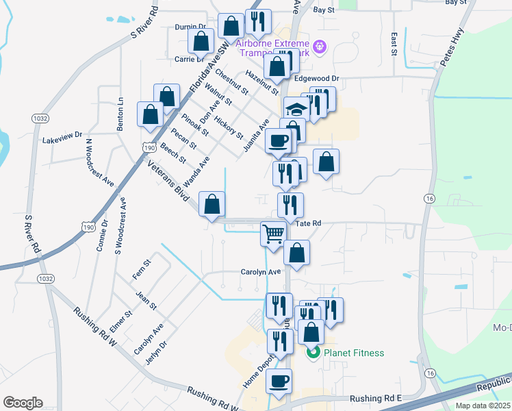 map of restaurants, bars, coffee shops, grocery stores, and more near 139 Veterans Boulevard in Denham Springs