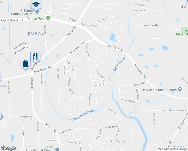 map of restaurants, bars, coffee shops, grocery stores, and more near 1348 Grey Feather Lane in Jacksonville