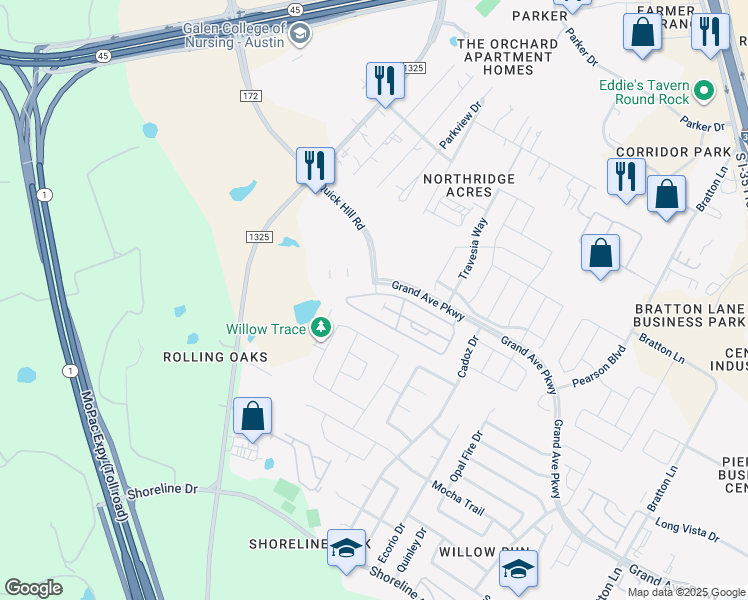 map of restaurants, bars, coffee shops, grocery stores, and more near 3401 Grand Avenue Parkway in Austin