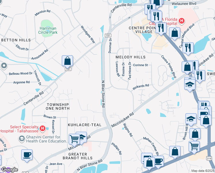map of restaurants, bars, coffee shops, grocery stores, and more near 1922 Leone Drive in Tallahassee