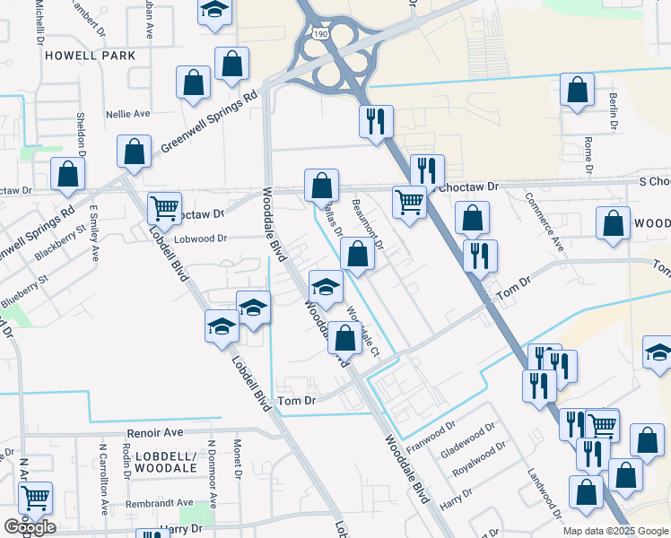 map of restaurants, bars, coffee shops, grocery stores, and more near 1992 Wooddale Court in Baton Rouge