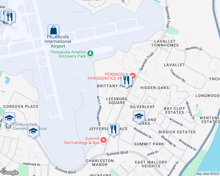 map of restaurants, bars, coffee shops, grocery stores, and more near 3103 Brittany Place in Pensacola
