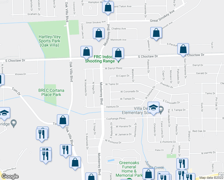 map of restaurants, bars, coffee shops, grocery stores, and more near 9317 West Coronado Drive in Baton Rouge