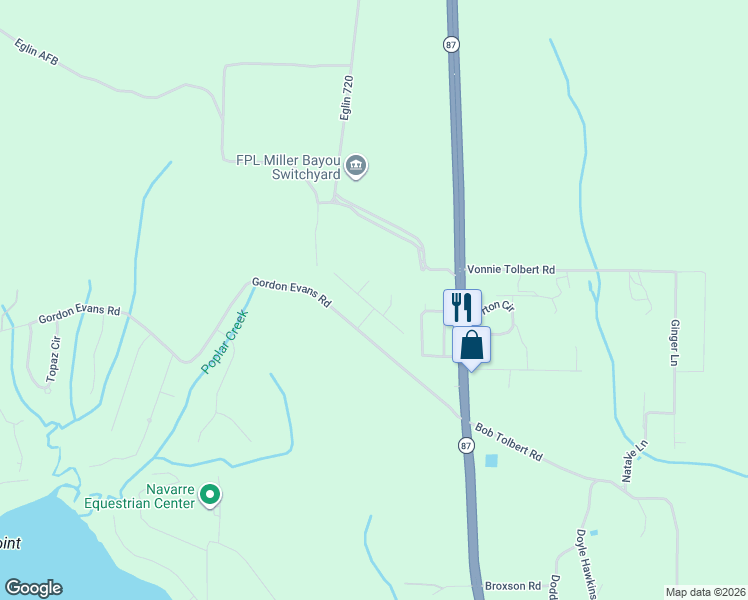 map of restaurants, bars, coffee shops, grocery stores, and more near 7340 Westminster Drive in Navarre