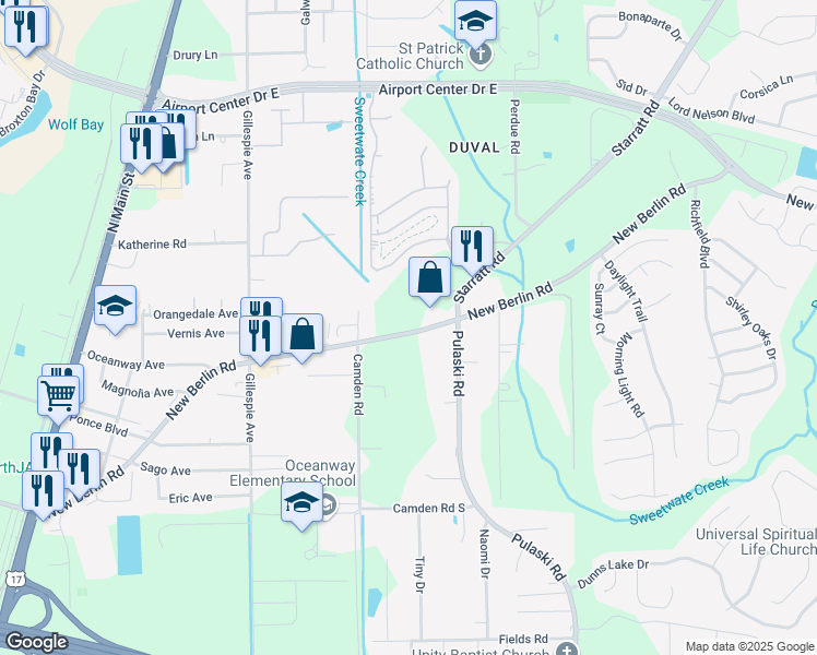map of restaurants, bars, coffee shops, grocery stores, and more near 904 New Berlin Road in Jacksonville