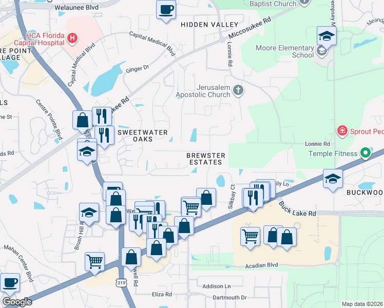 map of restaurants, bars, coffee shops, grocery stores, and more near 2597 Panther Creek Road in Tallahassee
