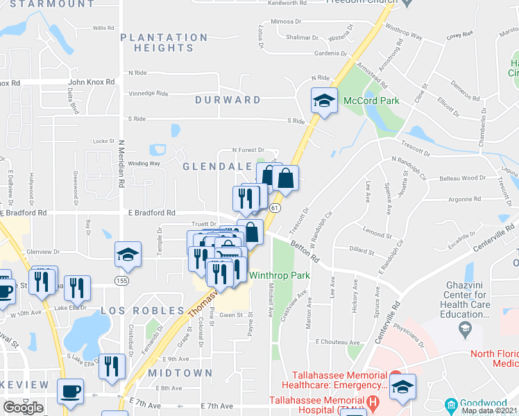 map of restaurants, bars, coffee shops, grocery stores, and more near 831 Laurel Street in Tallahassee