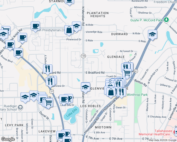 map of restaurants, bars, coffee shops, grocery stores, and more near 402 East Bradford Road in Tallahassee