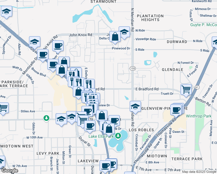 map of restaurants, bars, coffee shops, grocery stores, and more near 2002 Greenwood Drive in Tallahassee