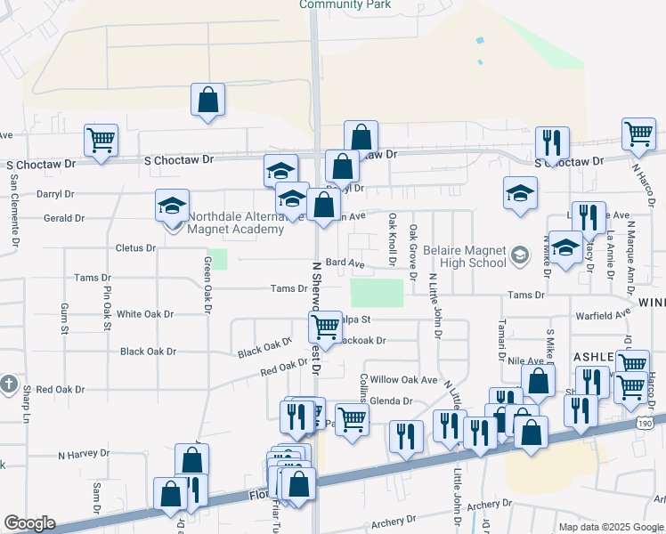 map of restaurants, bars, coffee shops, grocery stores, and more near 11352 Bard Avenue in Baton Rouge