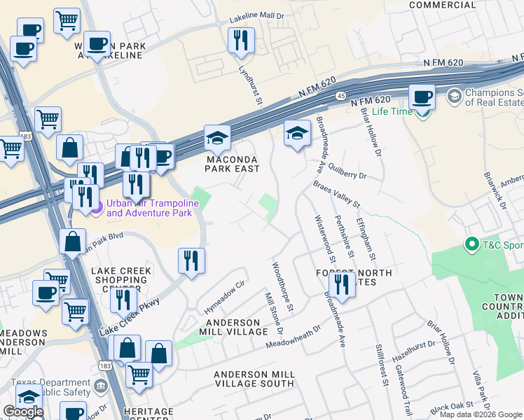 map of restaurants, bars, coffee shops, grocery stores, and more near 9020 Parliament House Road in Austin