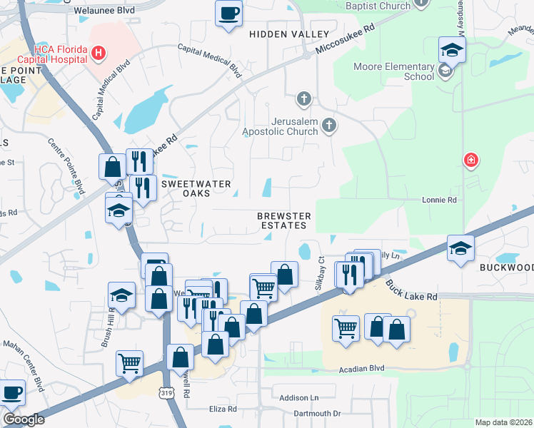map of restaurants, bars, coffee shops, grocery stores, and more near 2597 Panther Creek Road in Tallahassee